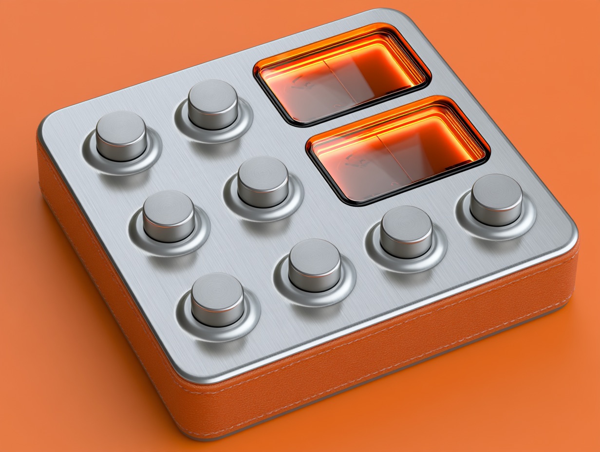A digital audio synthesizer interface rendered in rich skeuomorphism with brushed metal knobs and glossy glass dials.