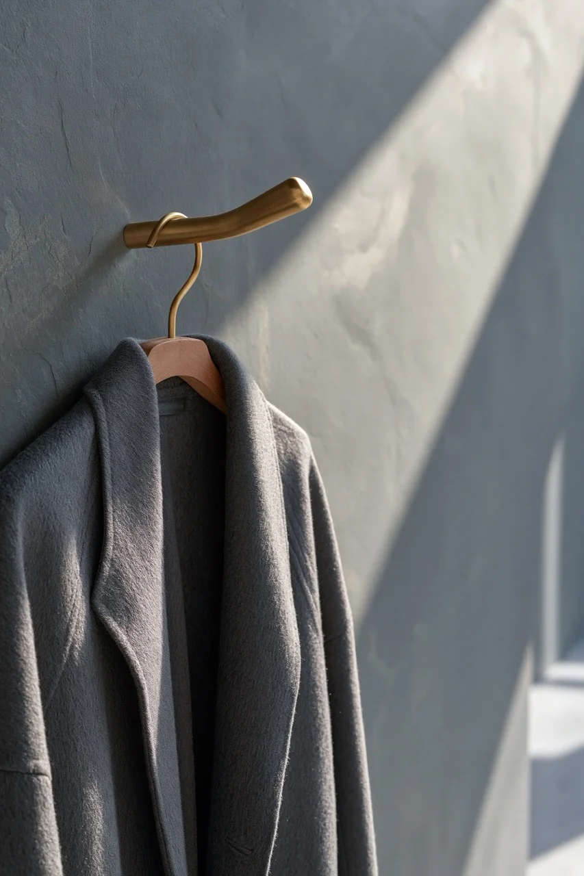 A slate-grey wool coat hanging on a minimalist rack against a tonal gradient wall, with soft window light revealing the deep texture of the fabric and subtle blue undertones.