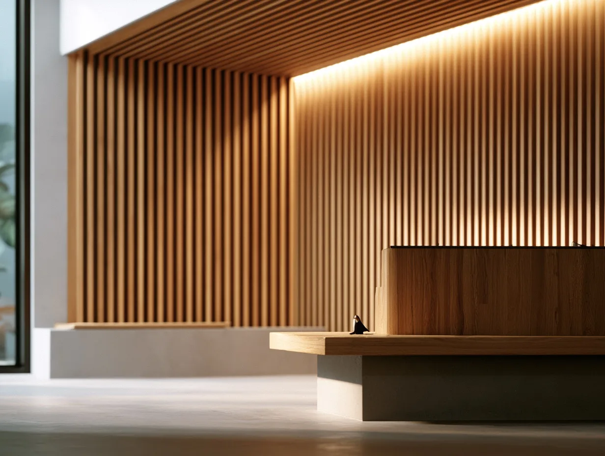A sleek corporate reception lobby featuring elegant slatted wood paneling that catches soft, grazing light in a minimalist reception area.
