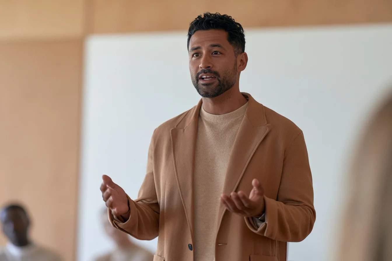 A tech entrepreneur presenting at a seminar wears a tailored smart-casual wardrobe in a modern conference room.