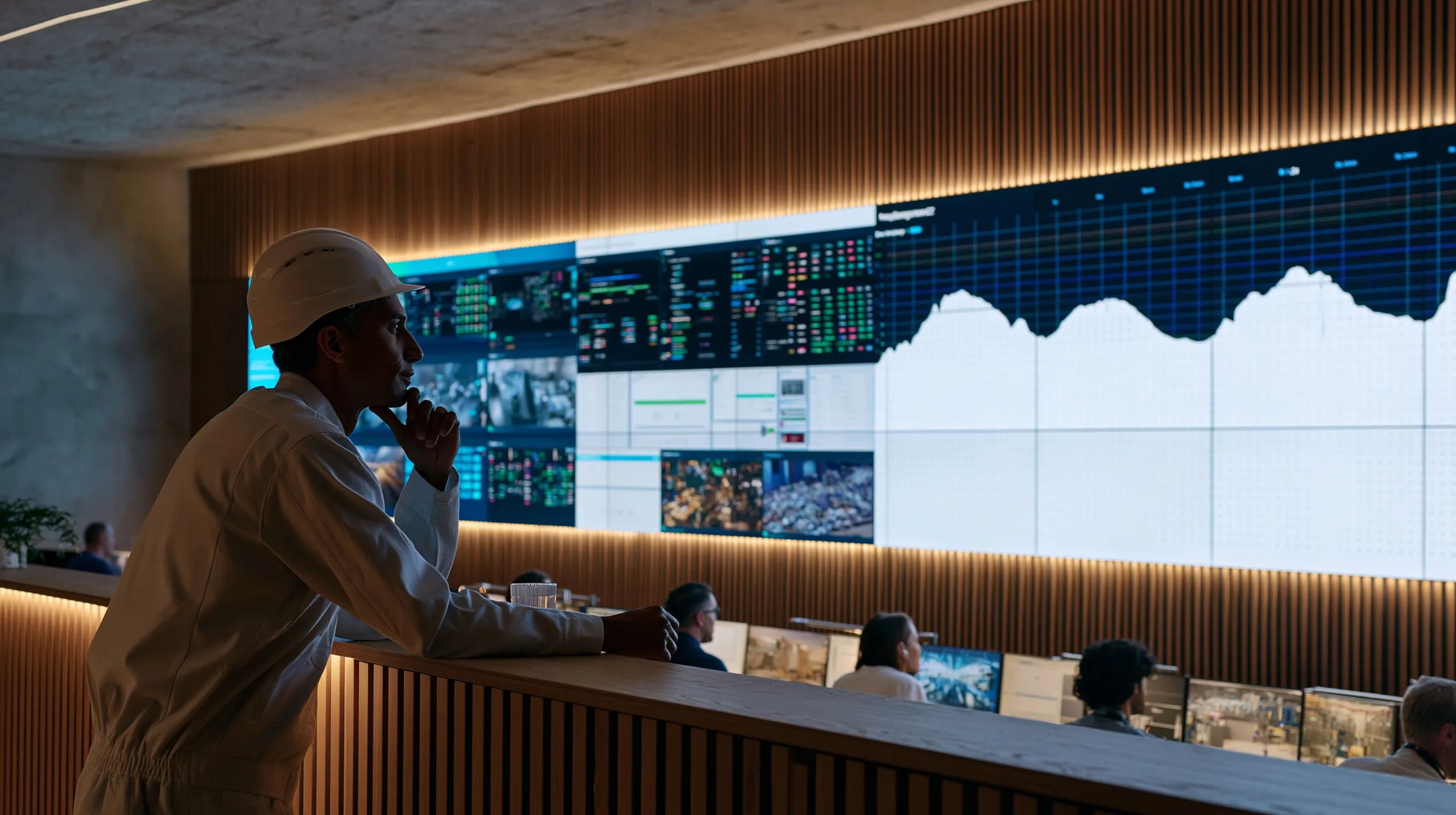 A smart factory command center featuring a massive curved screen displaying real-time data visualizations of an active automated production floor.