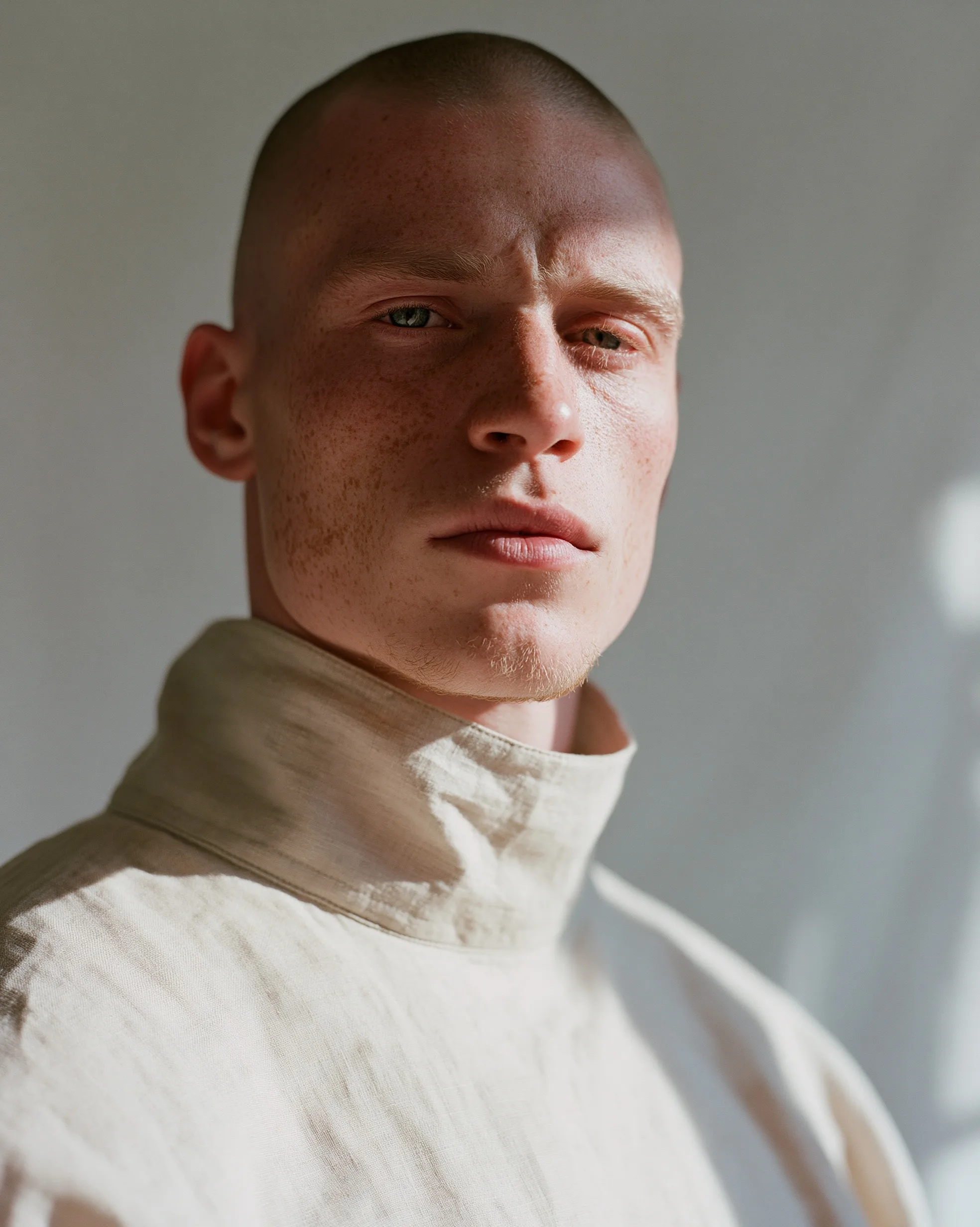 A quiet, minimalist soft-focus portraiture of a pensive man in a high-collar linen shirt, his features gently blurred into a warm, dreamlike atmosphere.