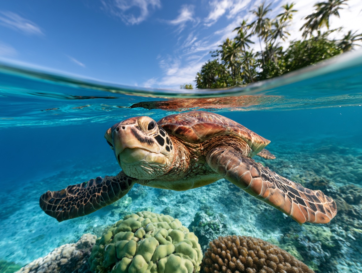 A split-level underwater shot of a sea turtle gliding through clear turquoise water beneath a bright sunny sky.