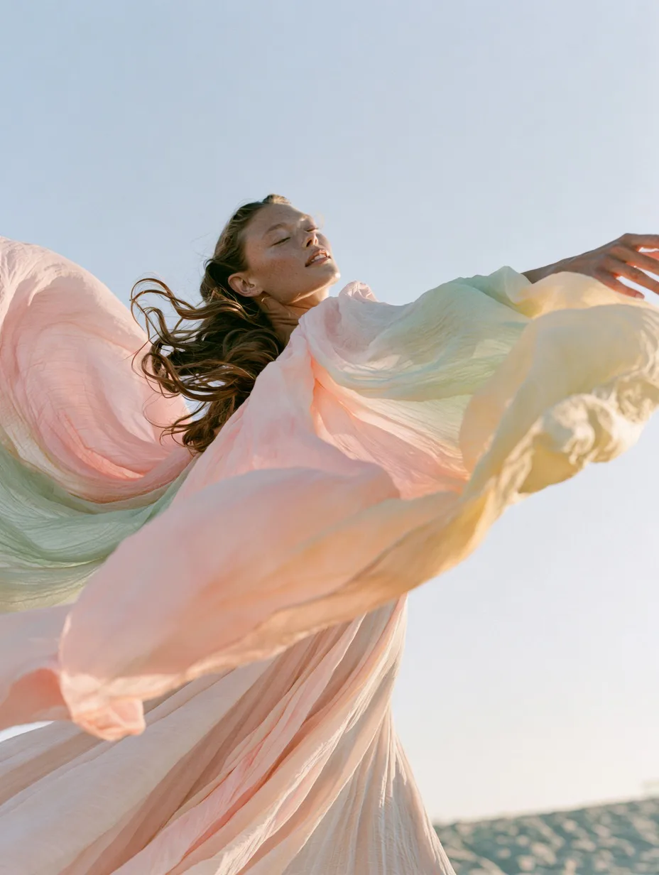 A woman in a flowing dress stands against a pastel backdrop, the fabric blending pale pink, mint green, and butter yellow in a Spring palette.