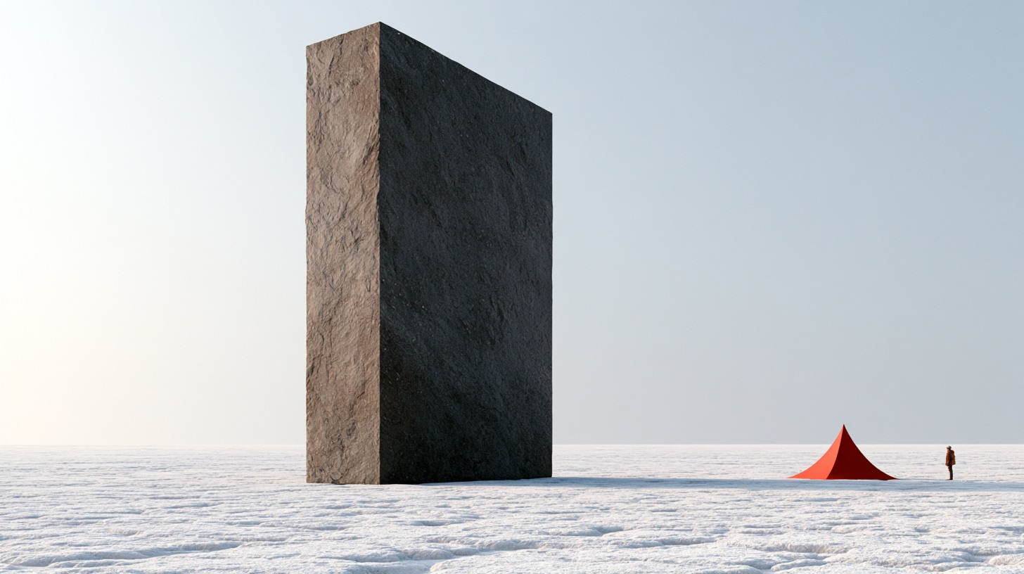 Steelyard composition with a massive dark monolith near the center balanced by a tiny red tent on a flat salt plain.
