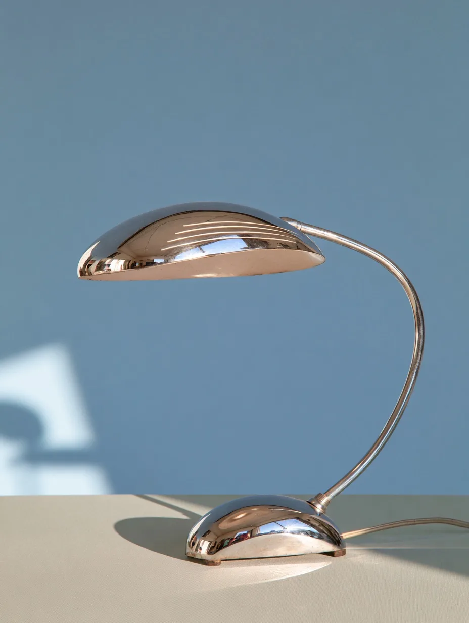 A chrome desk lamp in Streamline Moderne style with curved arm, horizontal speed lines, and rounded shade.