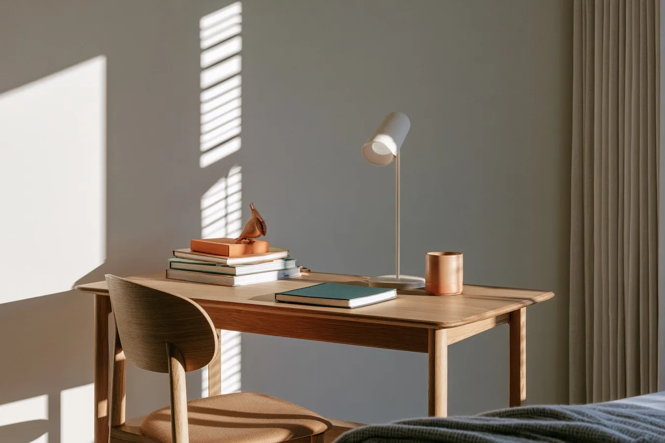 A clean student study desk in a warm, sunlit room, arranged with a laptop, open notebook, and a soft brass desk lamp.