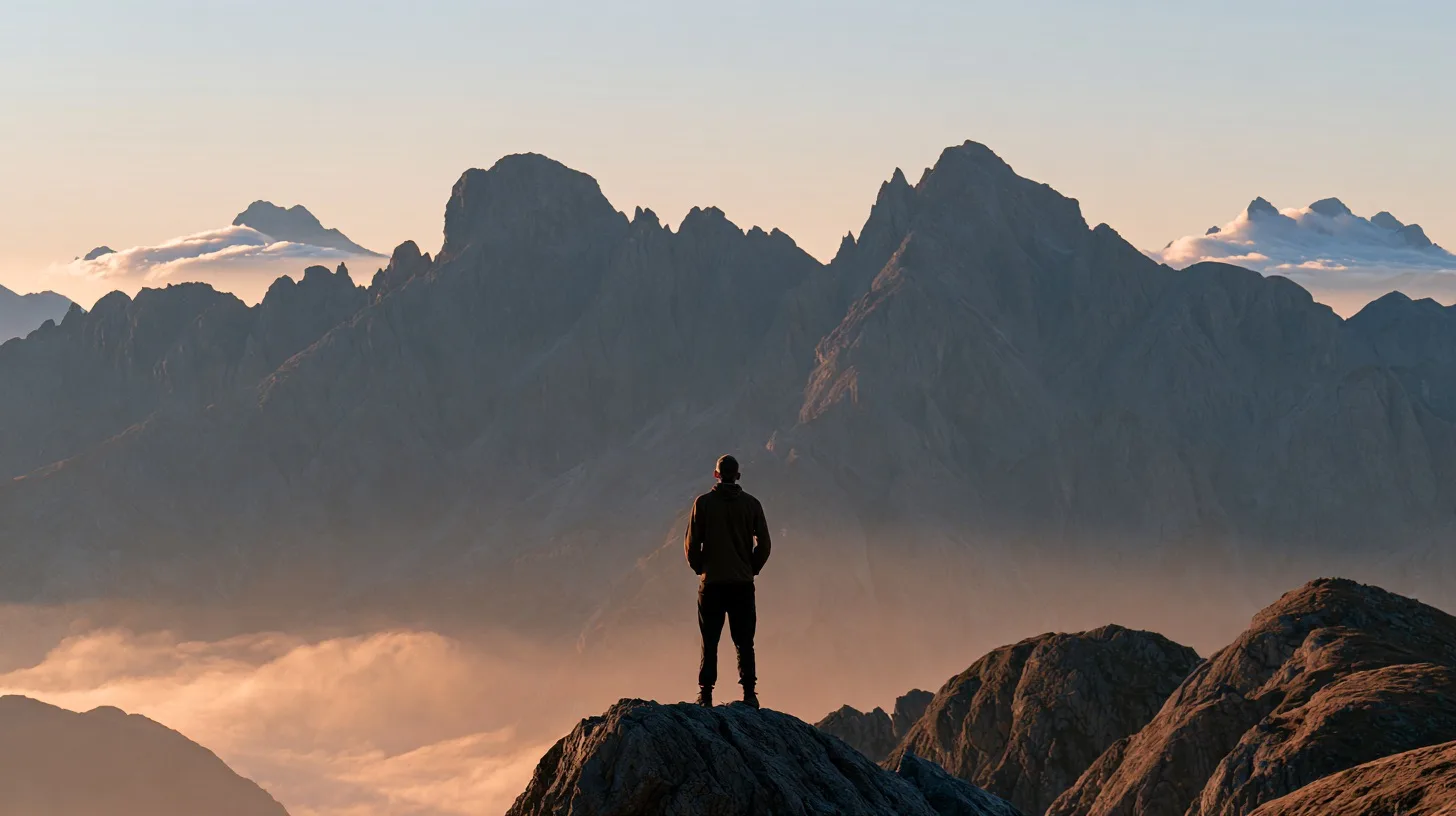 A sublime scene of a lone figure silhouetted against a vast mountain range at dawn, with mist in the valley and glowing clouds.