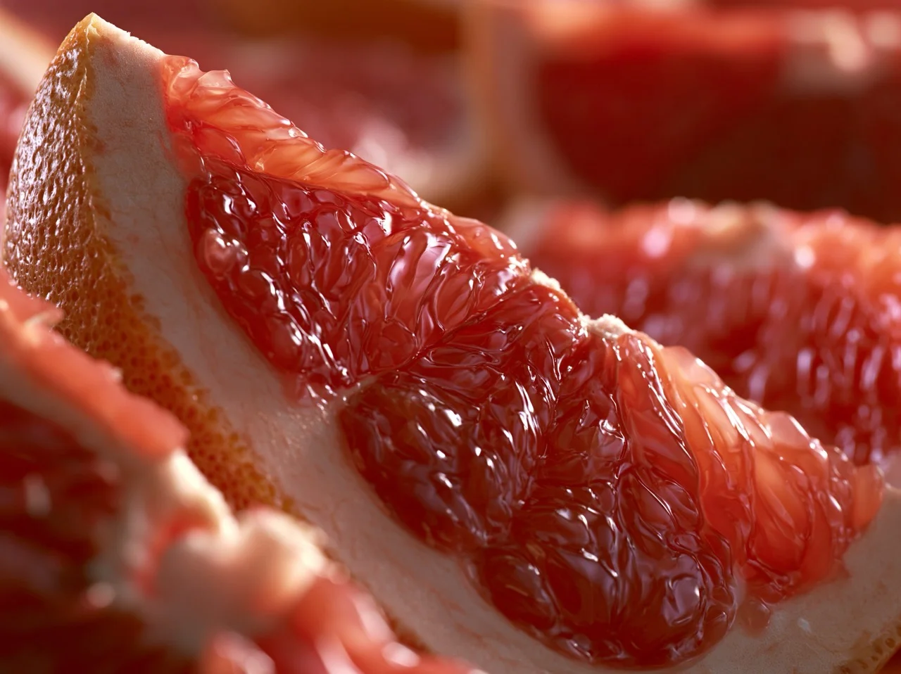 A close-up shot of a sliced organic grapefruit showing realistic subsurface scattering as sunlight passes through the translucent red segments.