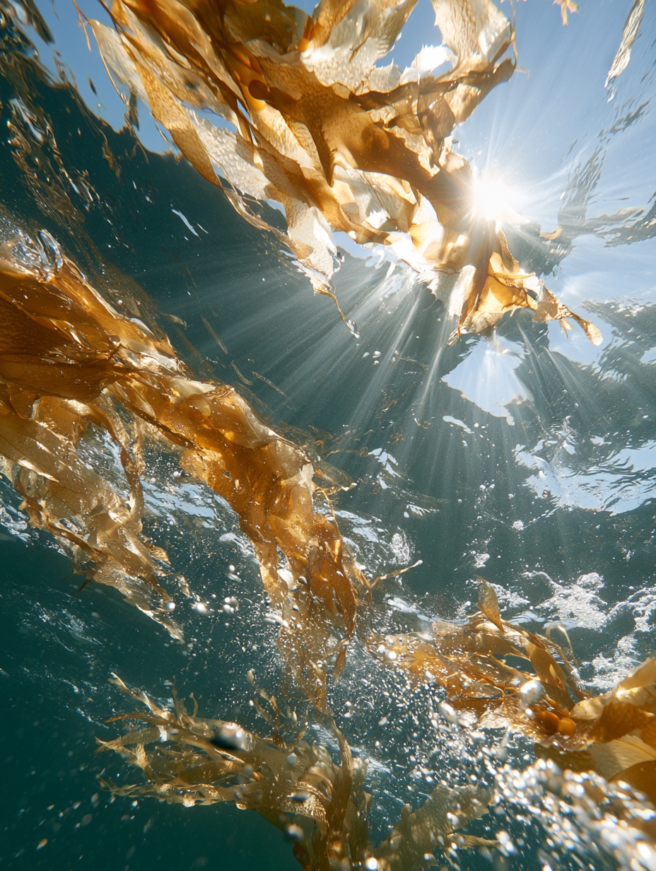 Sunbeams pierce deep turquoise sea water, illuminating a towering sunlit kelp canopy stretching toward the ocean surface.