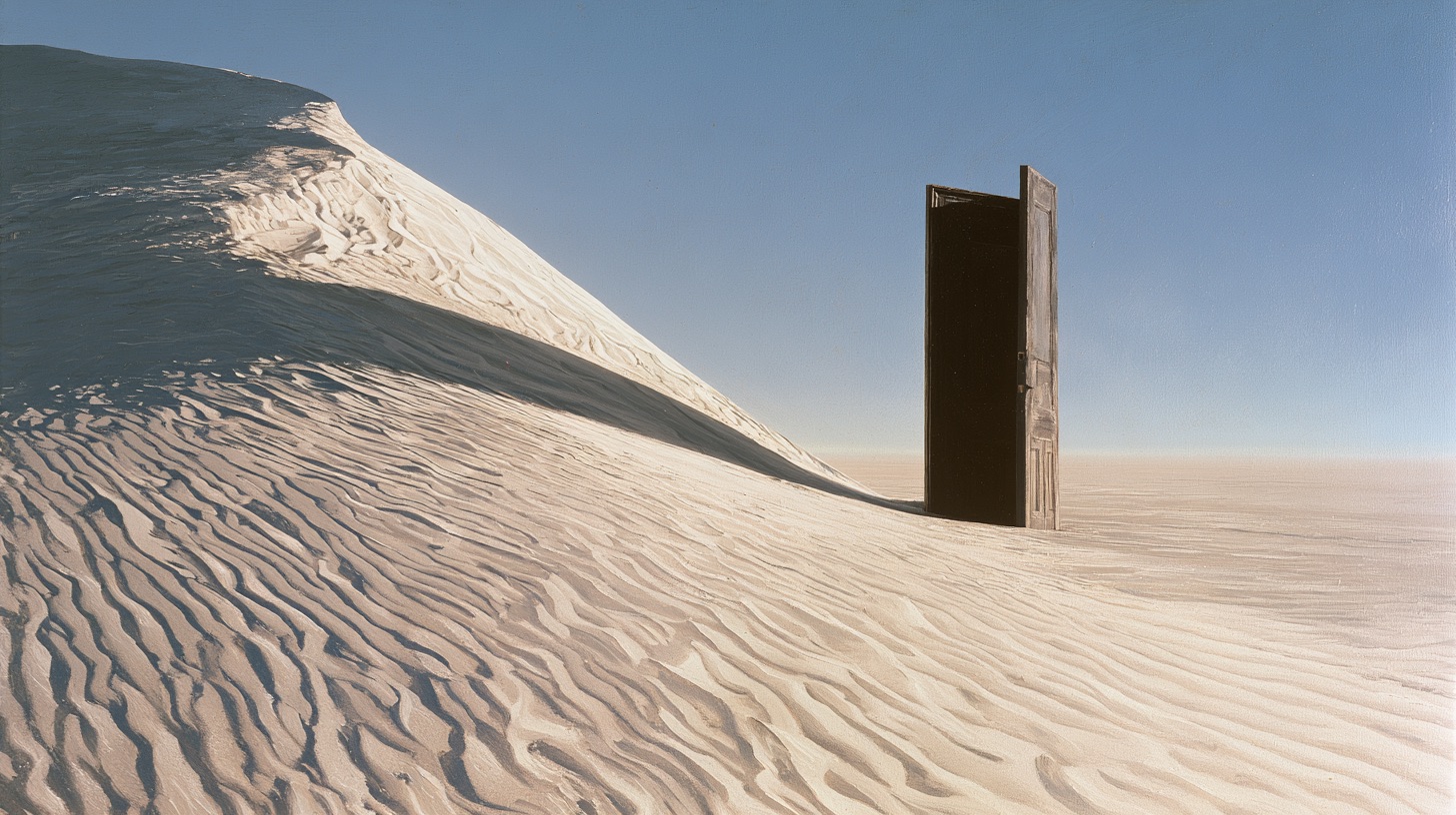 A surreal dune tableau with a solitary dark wooden door standing amidst smooth sand under a pale sky.