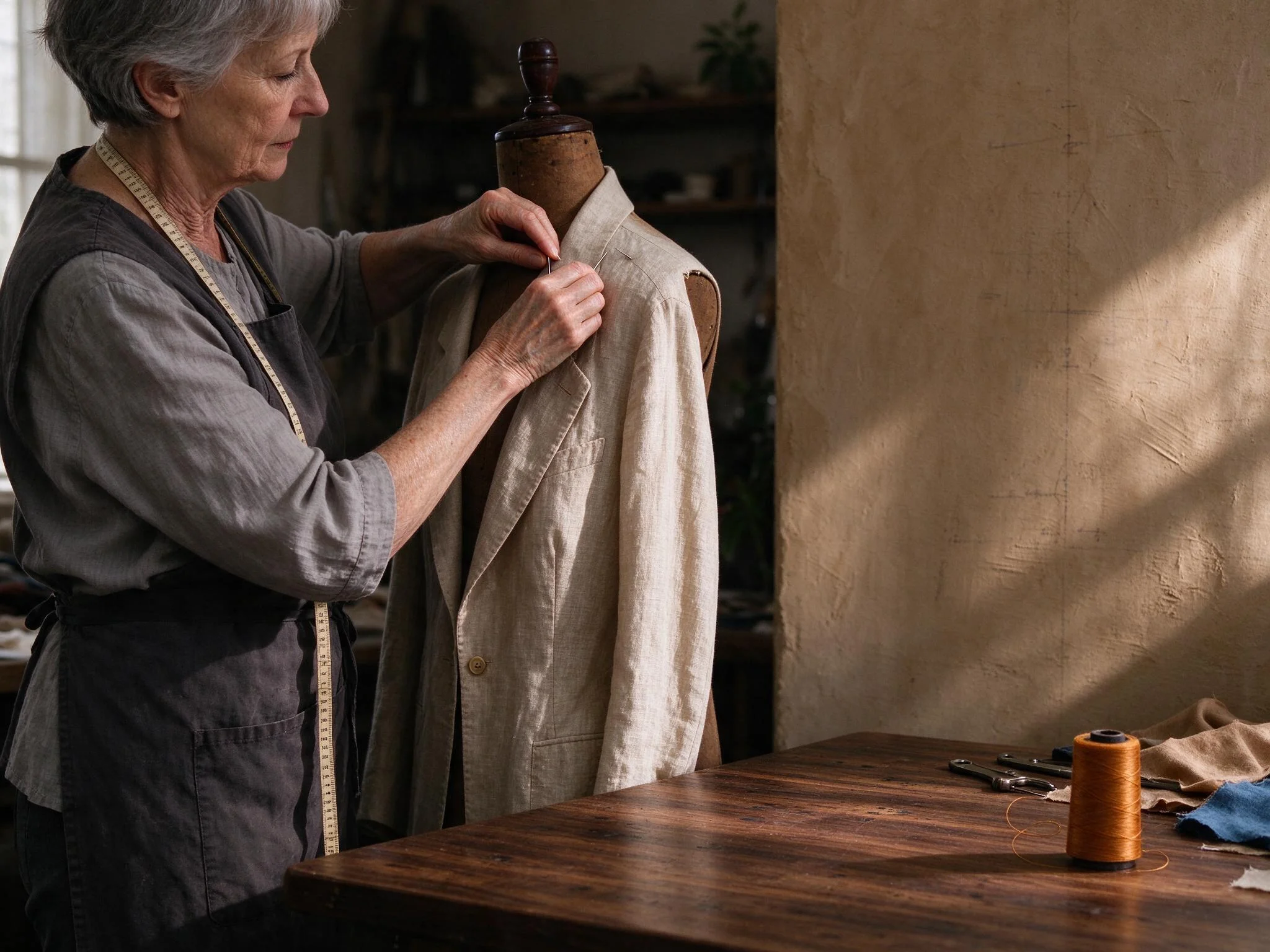 A tailor pins the shoulder of a linen jacket on a dress form beside a sunlit plaster wall and cutting table