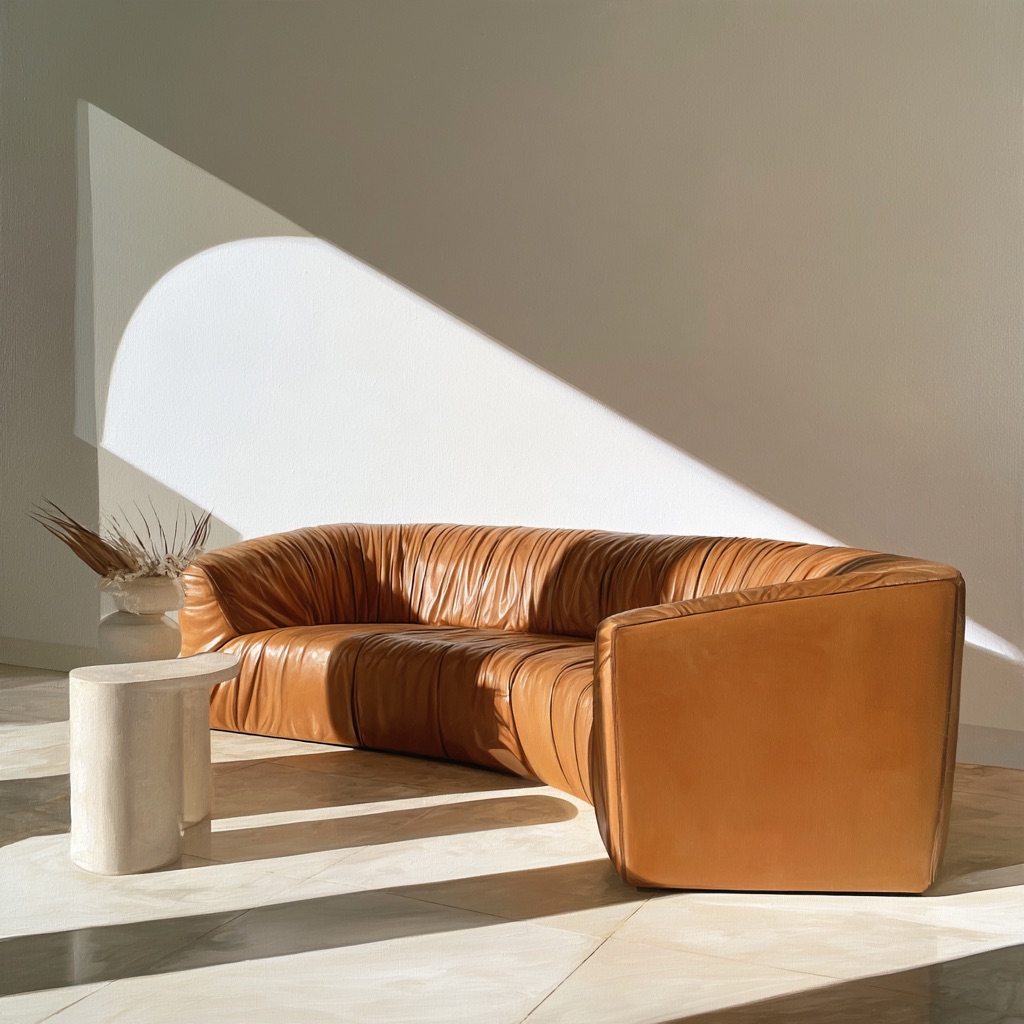 A curved tan leather sofa with pleated upholstery sits in a sunlit minimalist room beside a small stone side table.