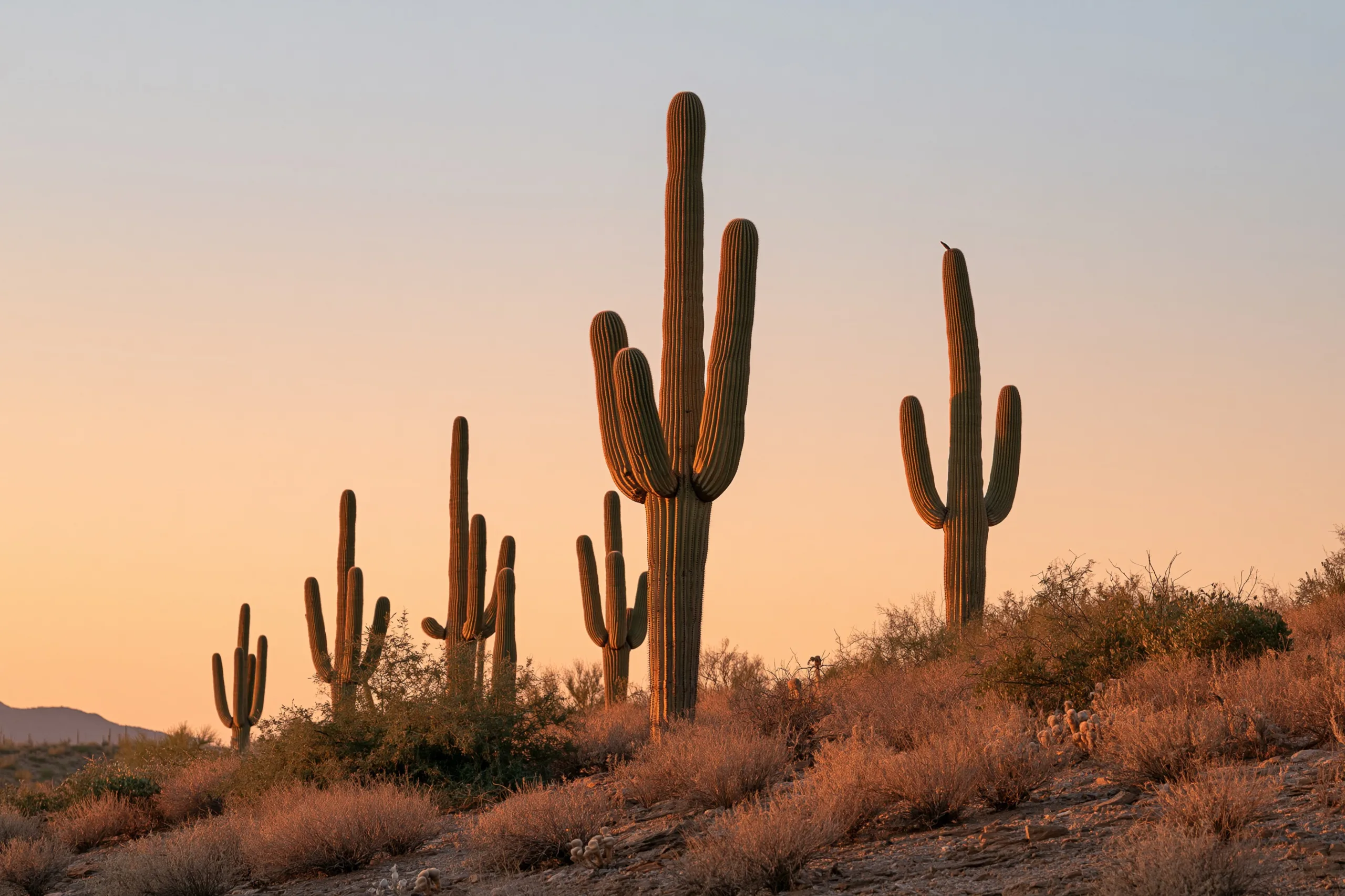 A row of desert saguaro cacti receding into the distance, their silhouettes stacked tightly by telephoto compression, with a glowing sunset sky behind them.