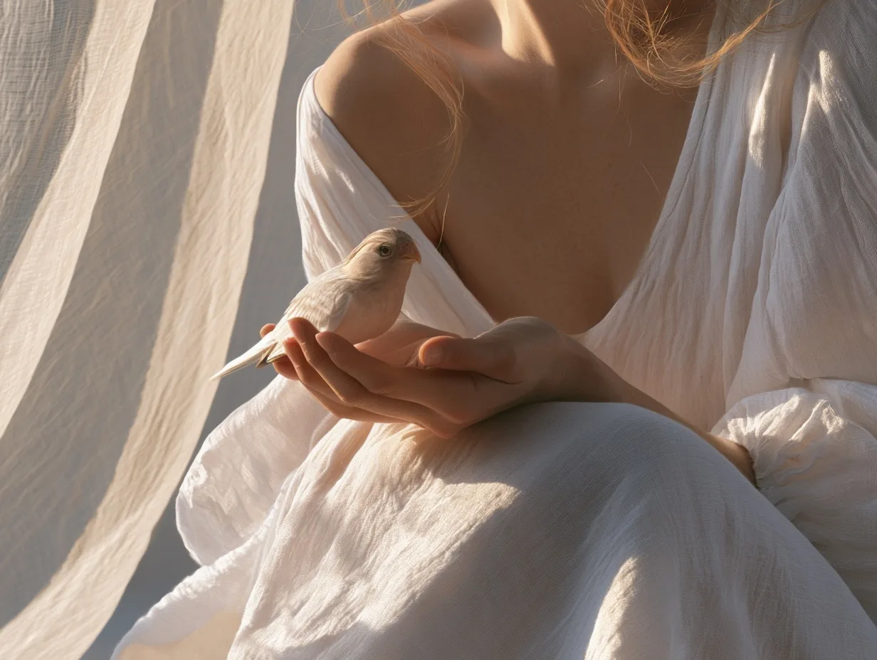 A tender close-up of a woman's hands gently cupping a tiny, fluffy bird, bathed in soft morning light.