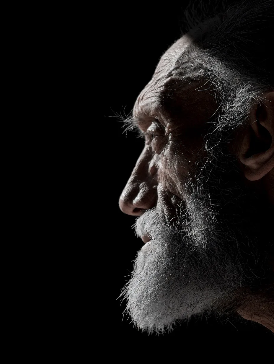 An old man's profile illuminated in dramatic tenebrism, emerging from pitch-black darkness into a sharp beam of light.