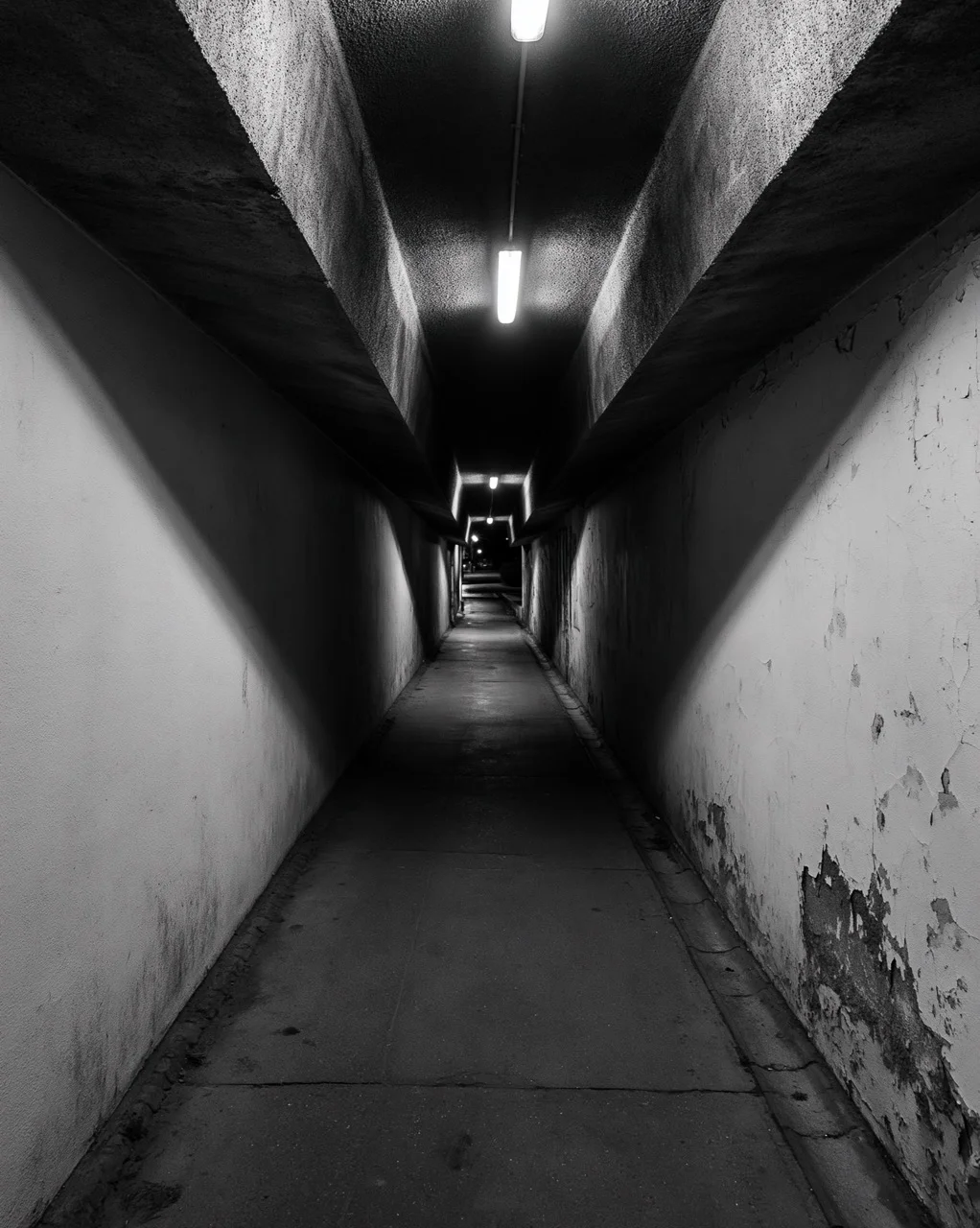 A dimly lit corridor with a single flickering light, casting long distorted shadows and evoking a tense, suspenseful, almost unbearable stillness.