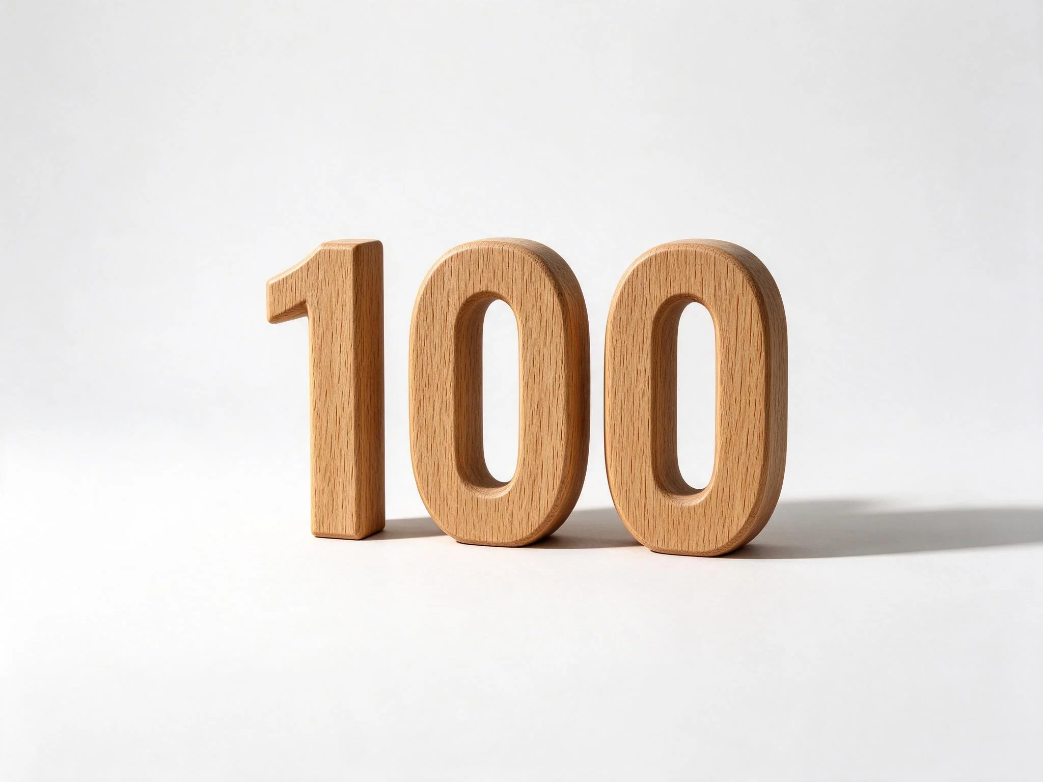 Large numerals 100 cut from solid oak stand on white with a long soft shadow.