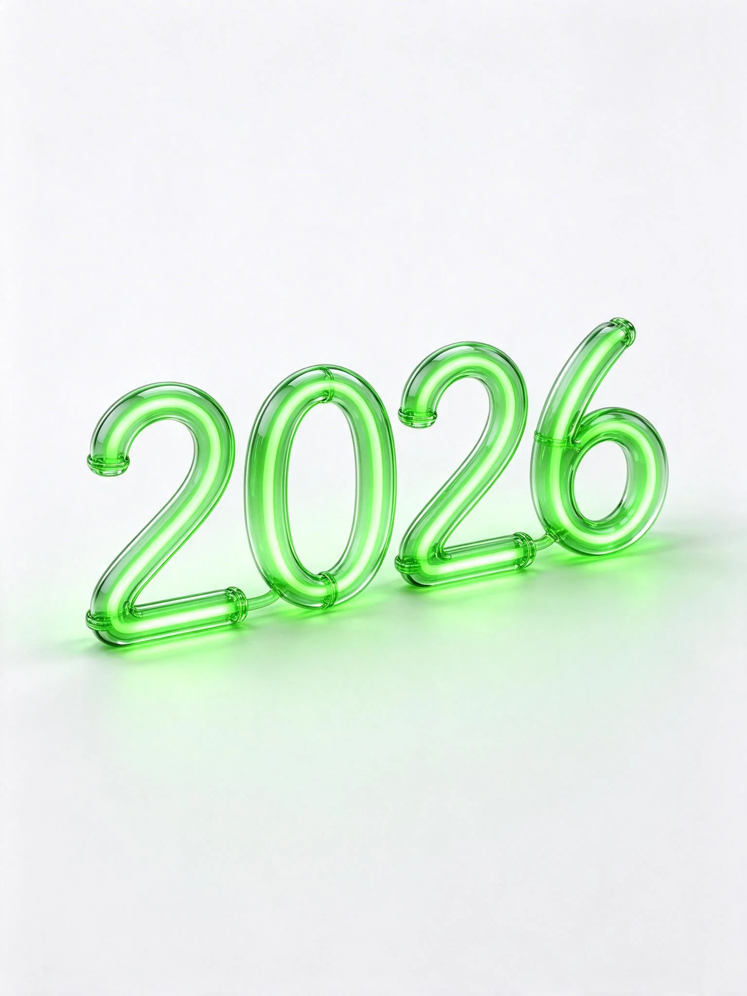 An acid green neon tube bent into the digits 2026 stands on a pure white surface with a soft shadow.
