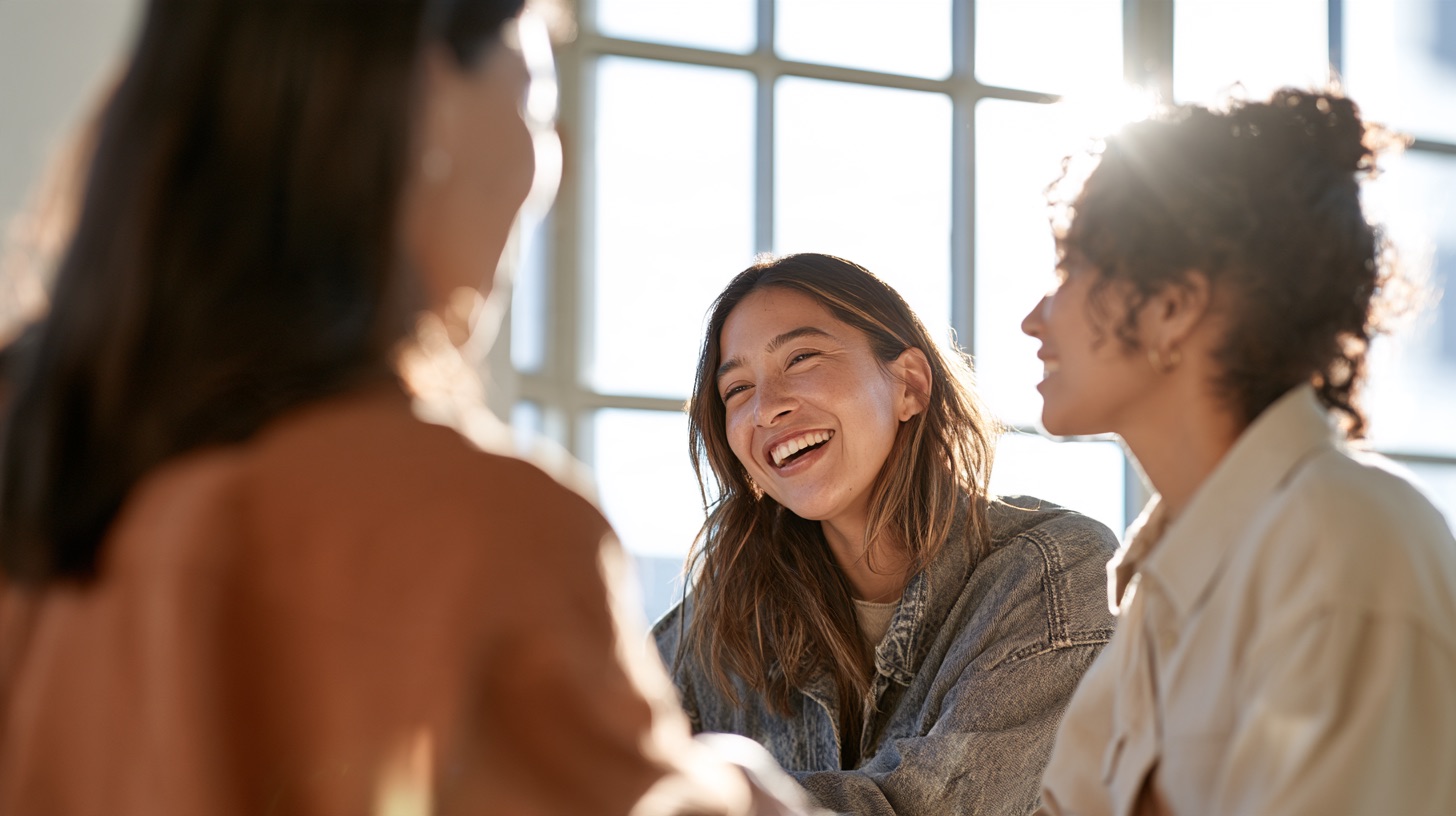 Three colleagues in casual layers gather around a maple standing desk in a bright loft filled with morning light.