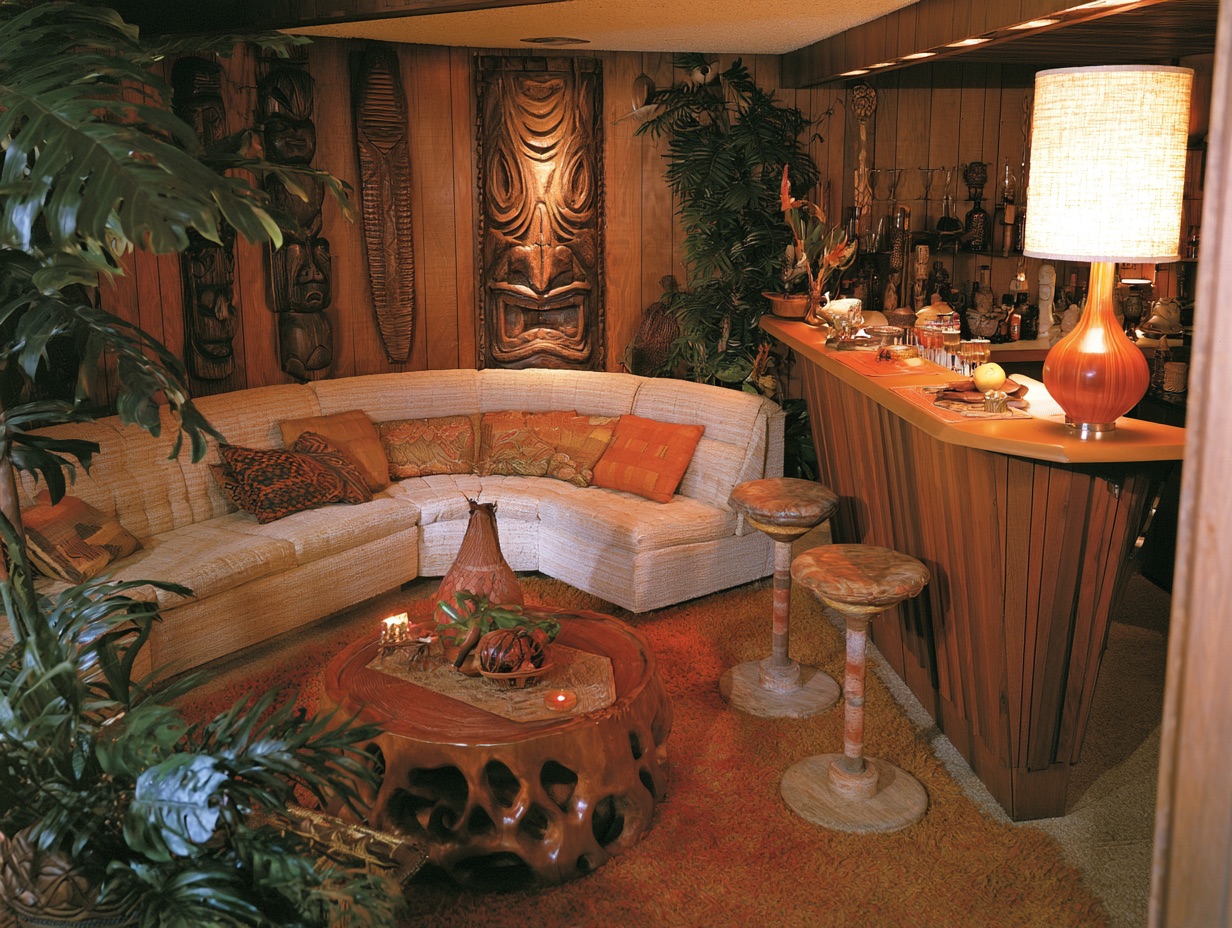 A retro basement lounge features carved wooden masks, a curved sectional sofa, and a custom bar showcasing classic Tiki modernism interior decor.
