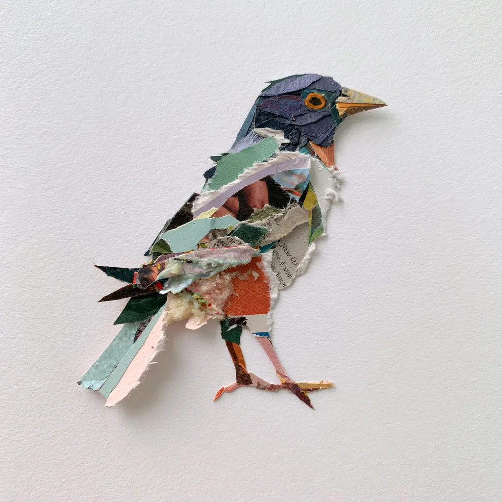 A bird made from torn paper collage, with jagged edges of magazine and newsprint layers visible on a white background.