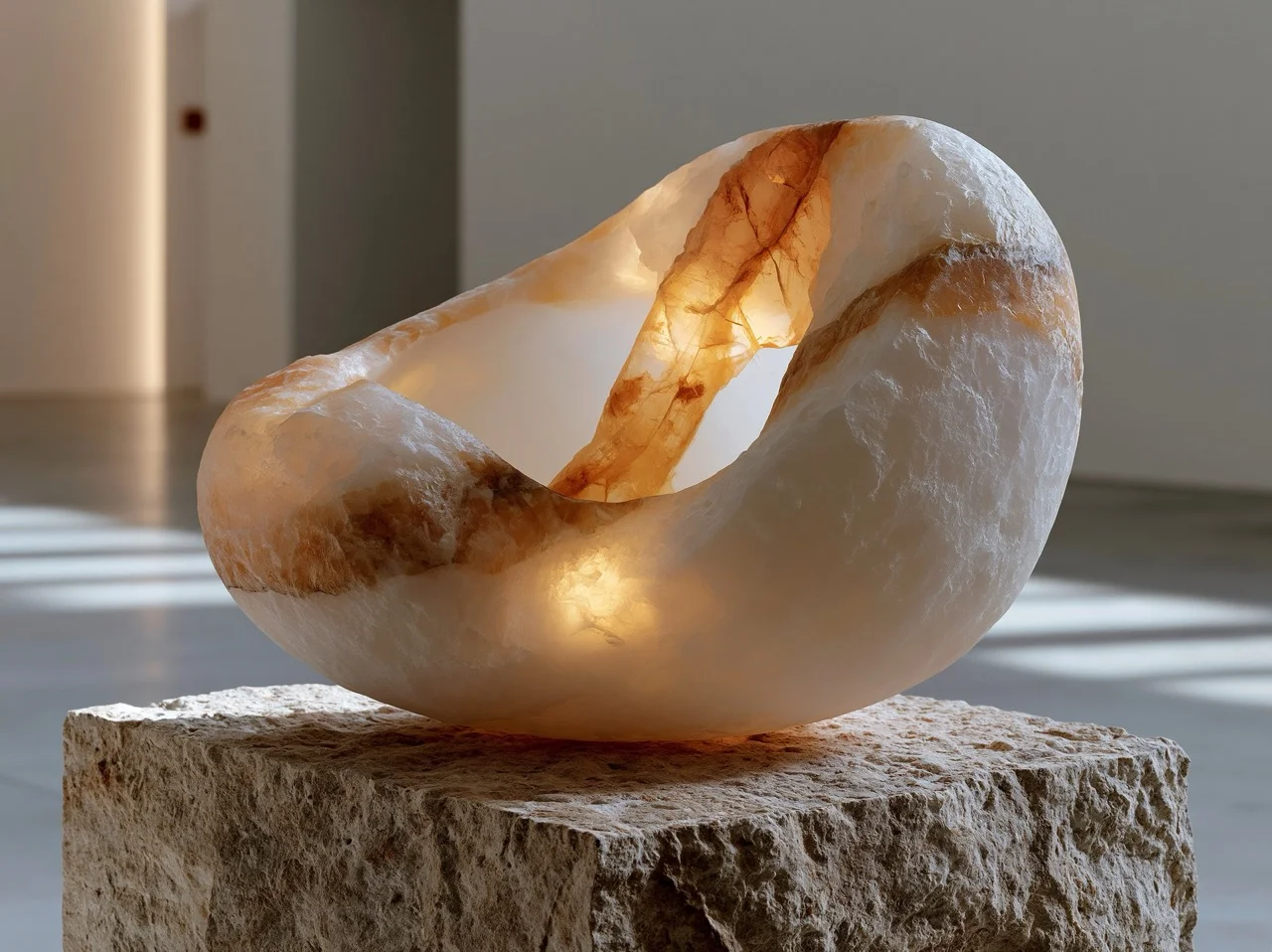 A carved translucent alabaster vessel glowing softly from within, highlighting its delicate, milky-white mineral veins.