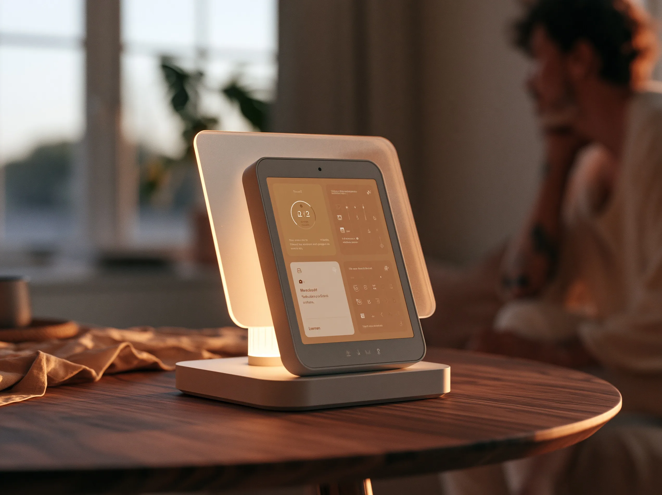 A sleek smart-home control terminal displaying translucent interfaces with glowing, minimalist UI elements layered over a soft-focus warm wooden background.