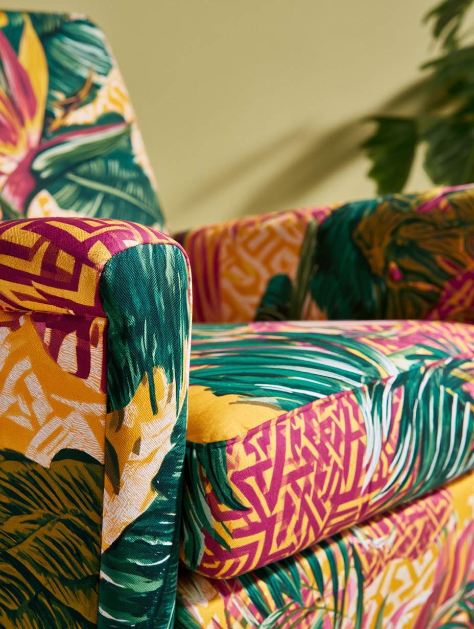 A mid-century modern armchair styled in the vibrant Tropicalia aesthetic with bold psychedelic patterns and bright colors.
