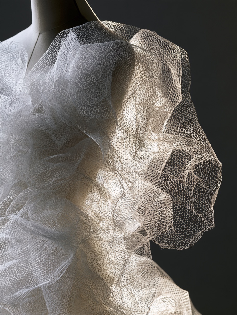 Close-up of a dressmaker mannequin draped in gathered white tulle backlit against a dark studio backdrop.
