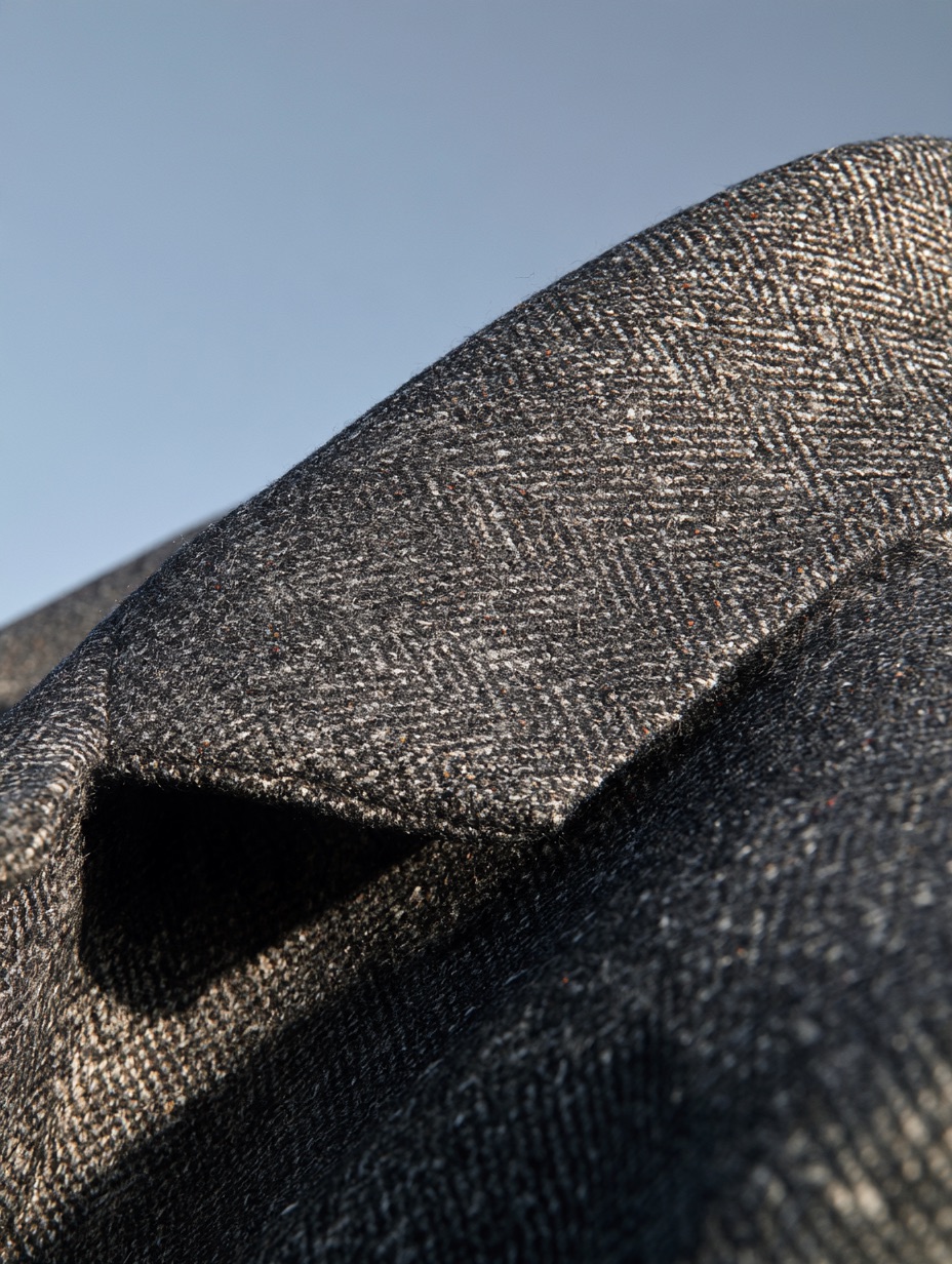 A close-up of a tailored jacket lapel made from coarse tweed fabric with flecks of heathered wool under raking light.