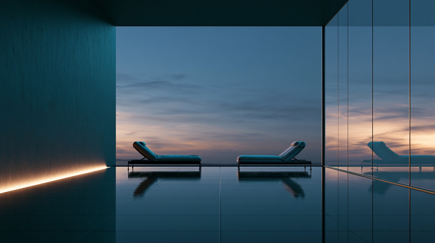 Two minimalist lounge chairs arranged in twin subject framing inside a quiet modern room with soft twilight light.