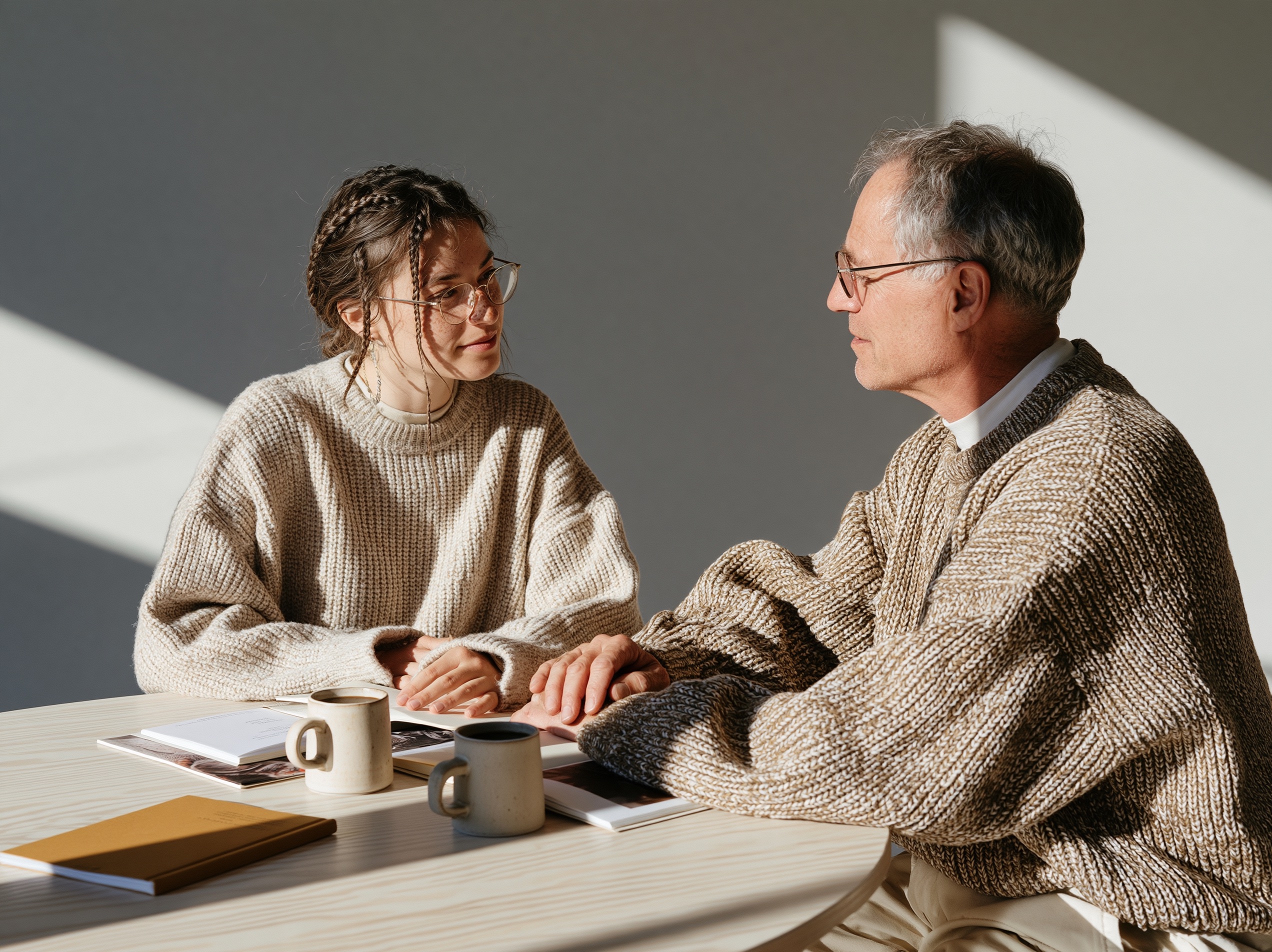Two colleagues sit at a light ash table with open notebooks and coffee, warm light from the left against a slate-blue wall.