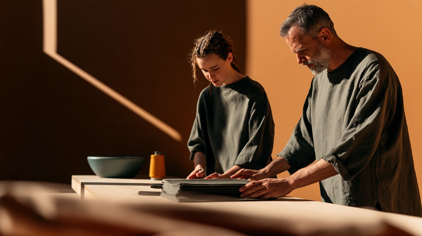 Two colleagues smooth folded linen into a stack on a pale oak table in a boutique lit by soft window light.