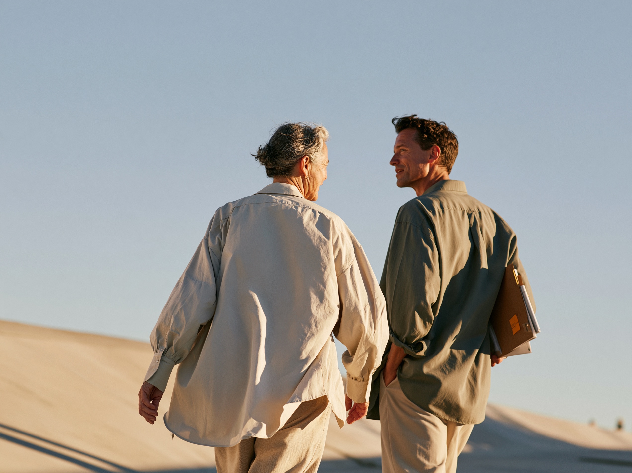 Two colleagues seen from behind walking a concrete path at golden hour, their shoulders and hair rimmed with warm light.