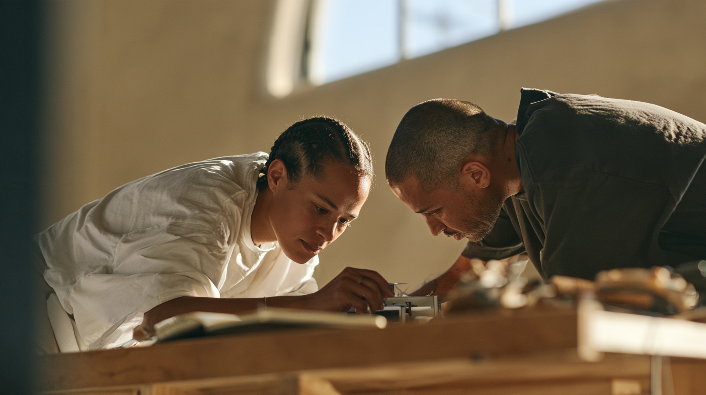 Two founders lean over a timber workbench to inspect a small hardware prototype in warm backlight.