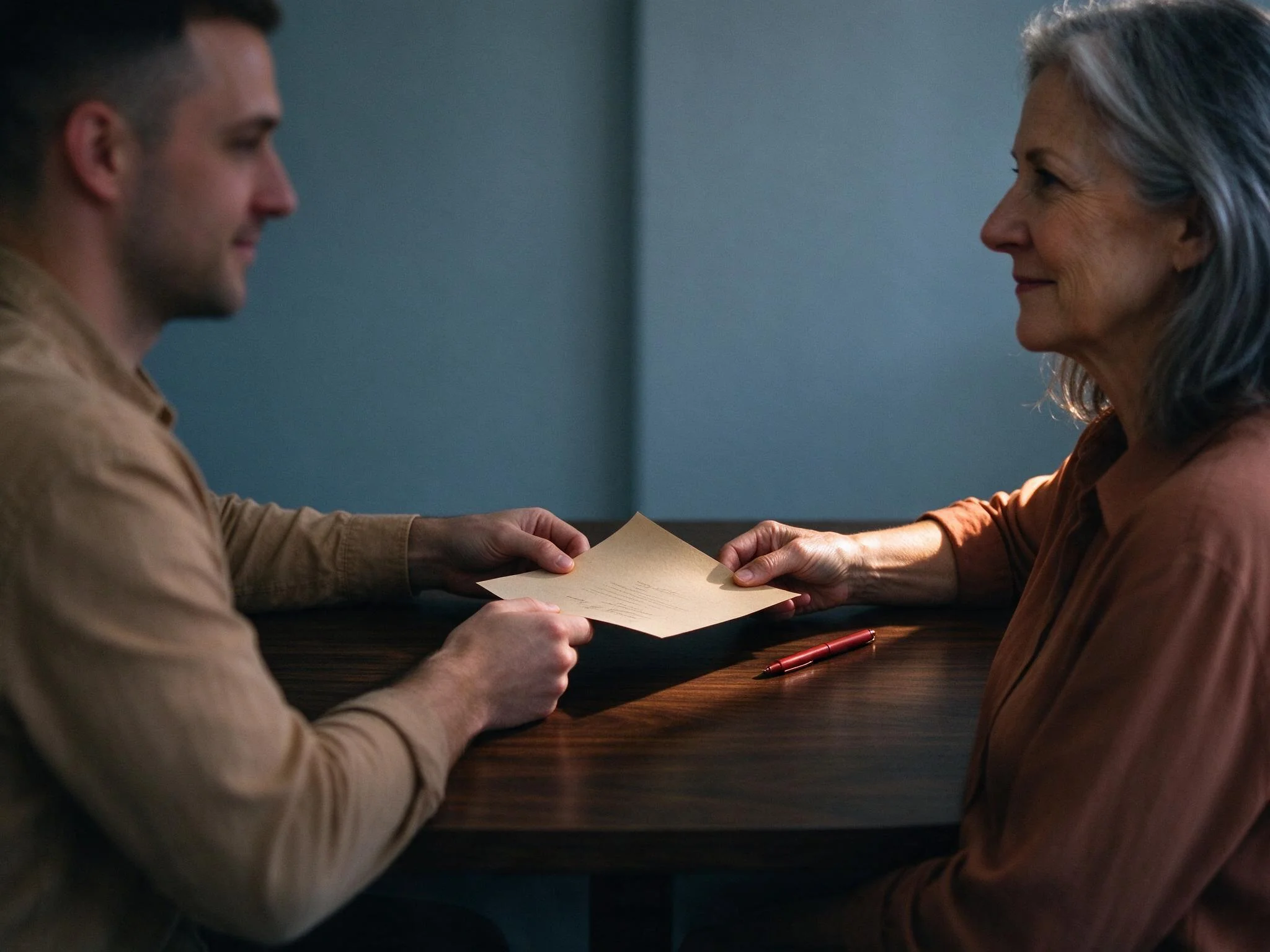 Two founders at a dark walnut table, one sliding a signed document toward the other in warm side light.