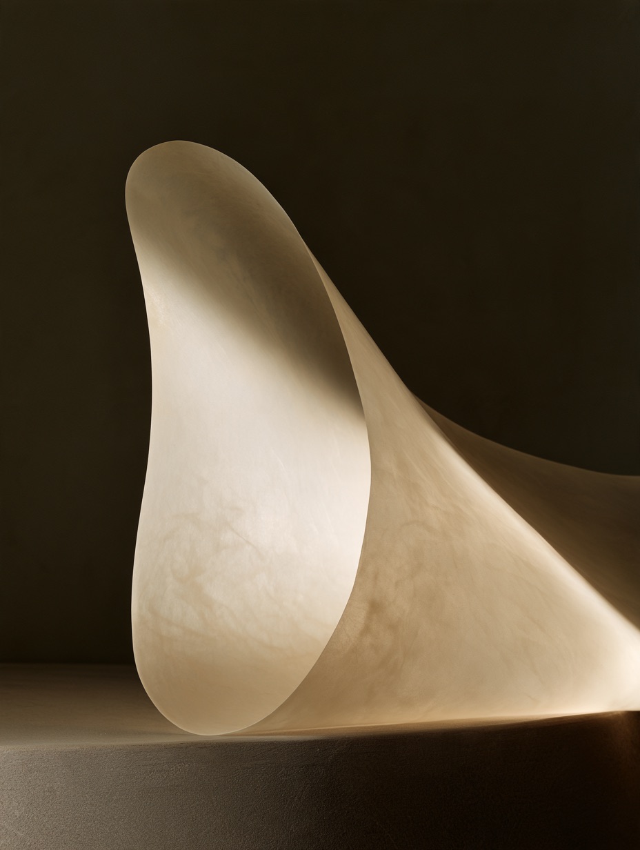 A single curled sheet of translucent vellum glows softly against a dark backdrop under gentle backlighting.