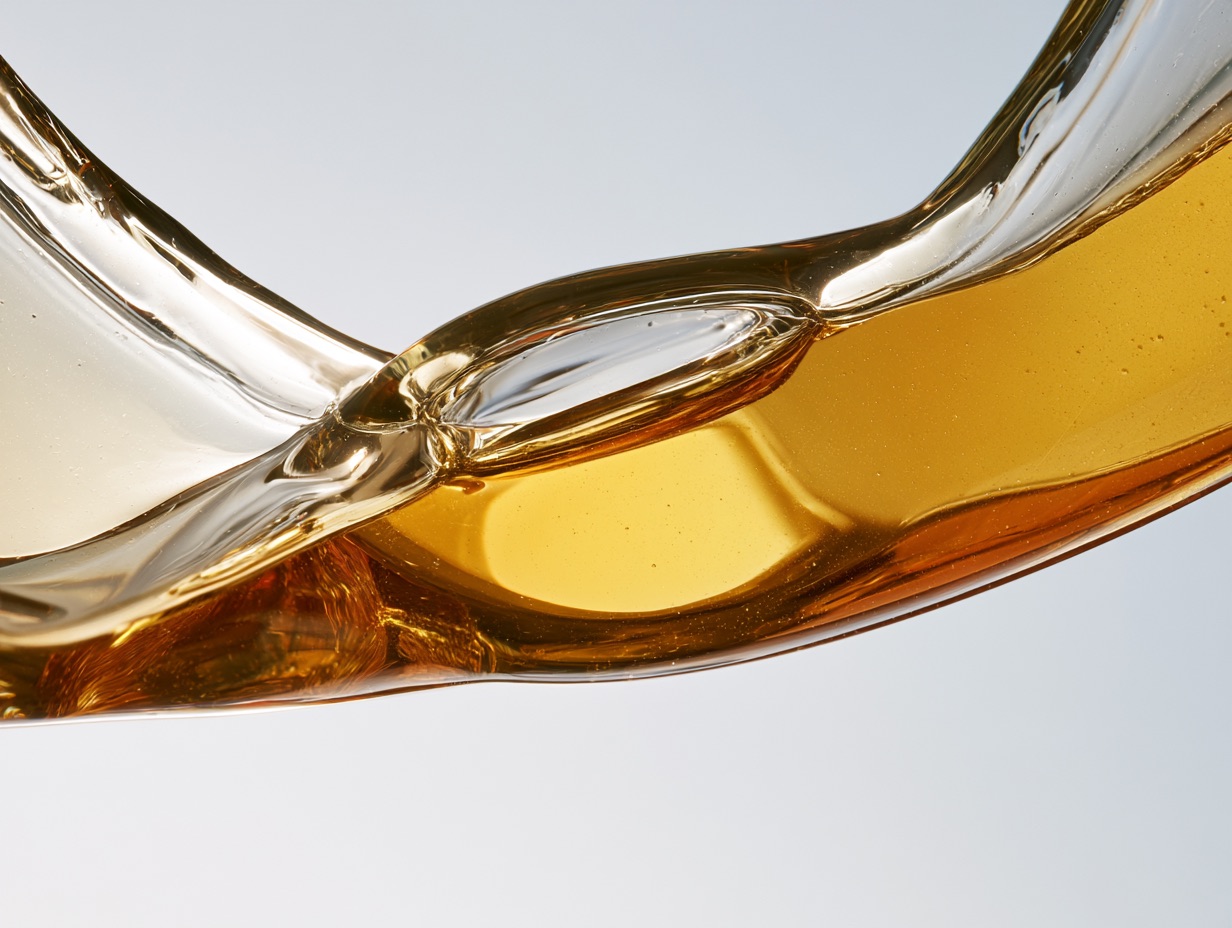 A close-up macro shot of a thick golden serum drop displaying viscous shear as it stretches smoothly across a glass plate.