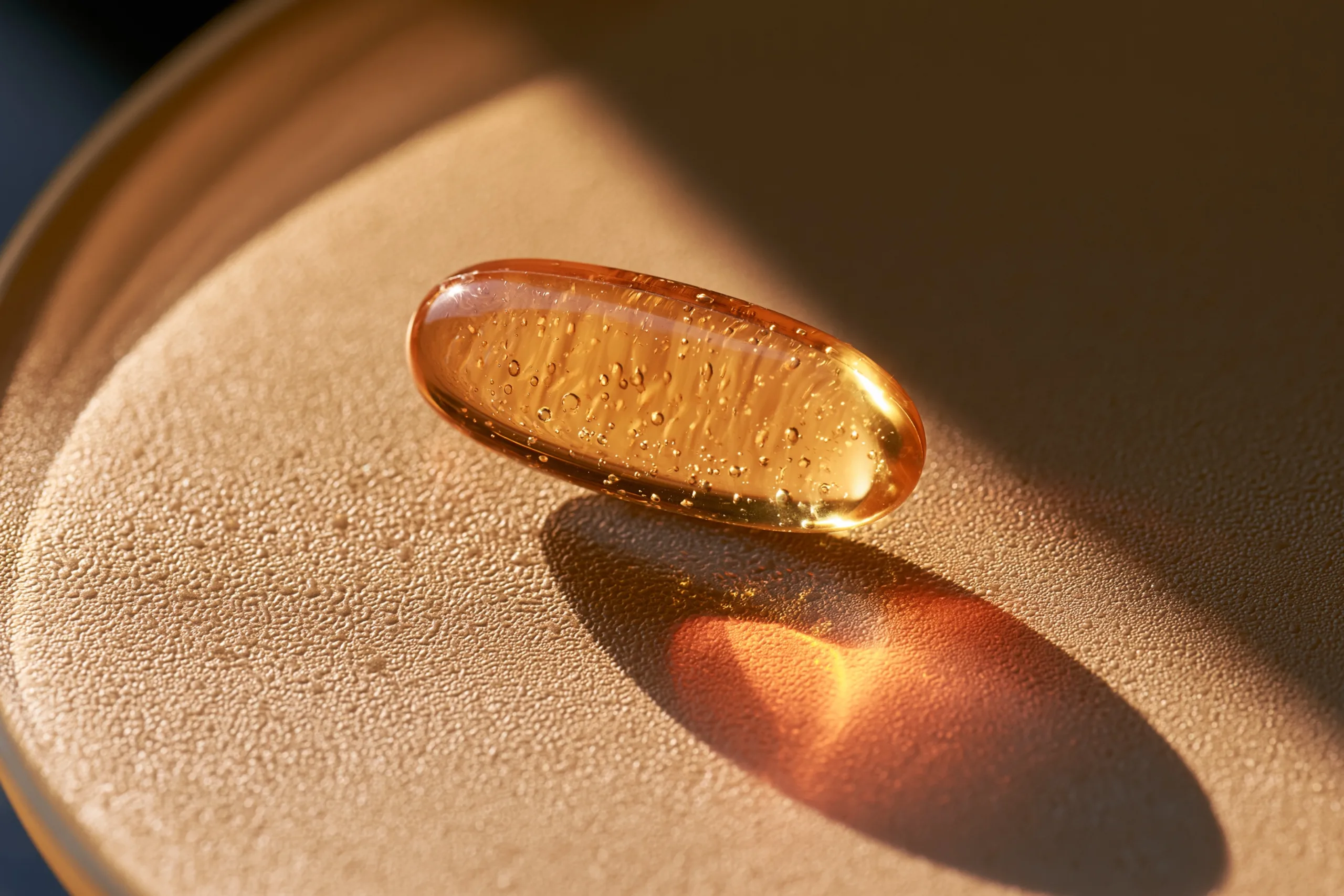 An amber vitamin capsule sits on a clean, backlit glass surface, glowing with trapped golden light and casting a soft shadow.