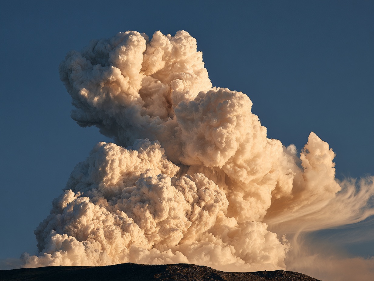 A towering volcanic ash plume billows high into the twilight sky above a dark mountain ridge.