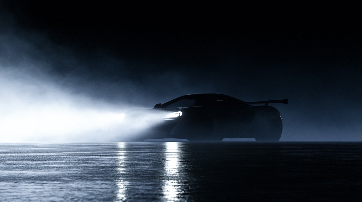 A sports car on wet asphalt at night cuts through misty air with a bright volumetric headlight beam.