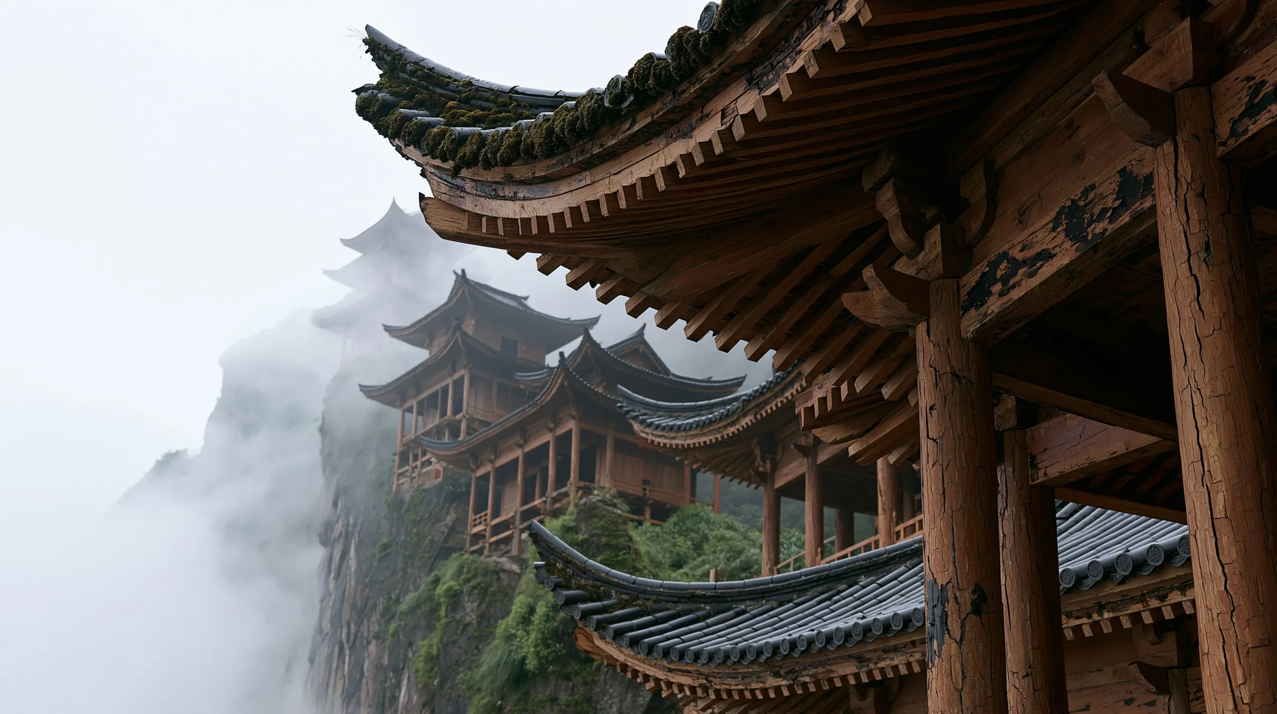A towering cluster of weathered wooden pagodas rises through mountain mist, their aged timber and mossy eaves reflecting centuries of history.