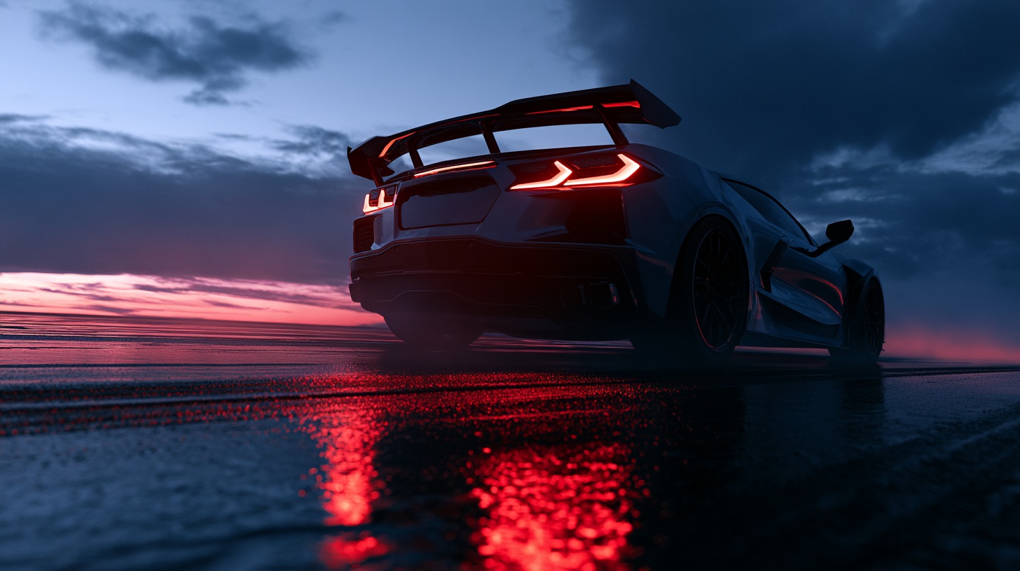 A sleek sports car sits on a rain-soaked highway, illuminated by intense wet asphalt glare from ambient neon lights.