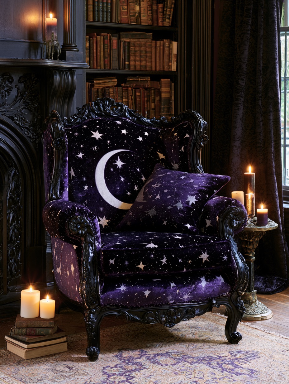 A velvet armchair in a cozy reading corner styled in the Whimsigoth aesthetic with deep plum colors and starry accents.