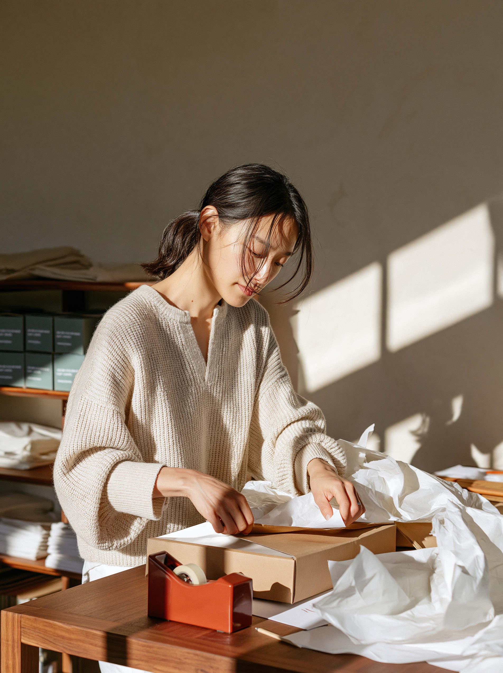 Woman in her late twenties folds a kraft box on a wooden table beside tissue paper, stocked shelves behind her.