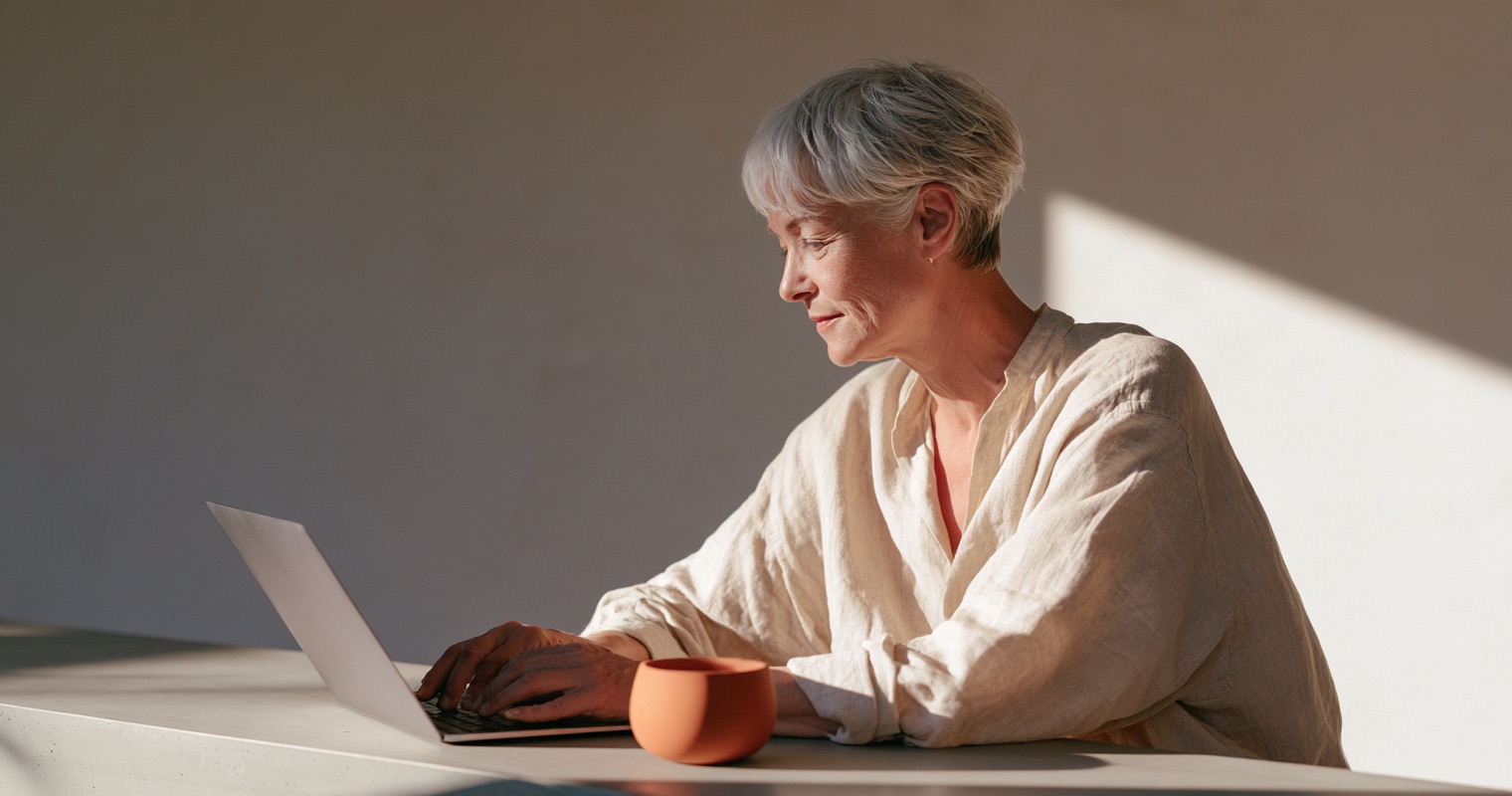 A silver-haired woman sits in profile working on a laptop at a concrete counter against a sand plaster wall.