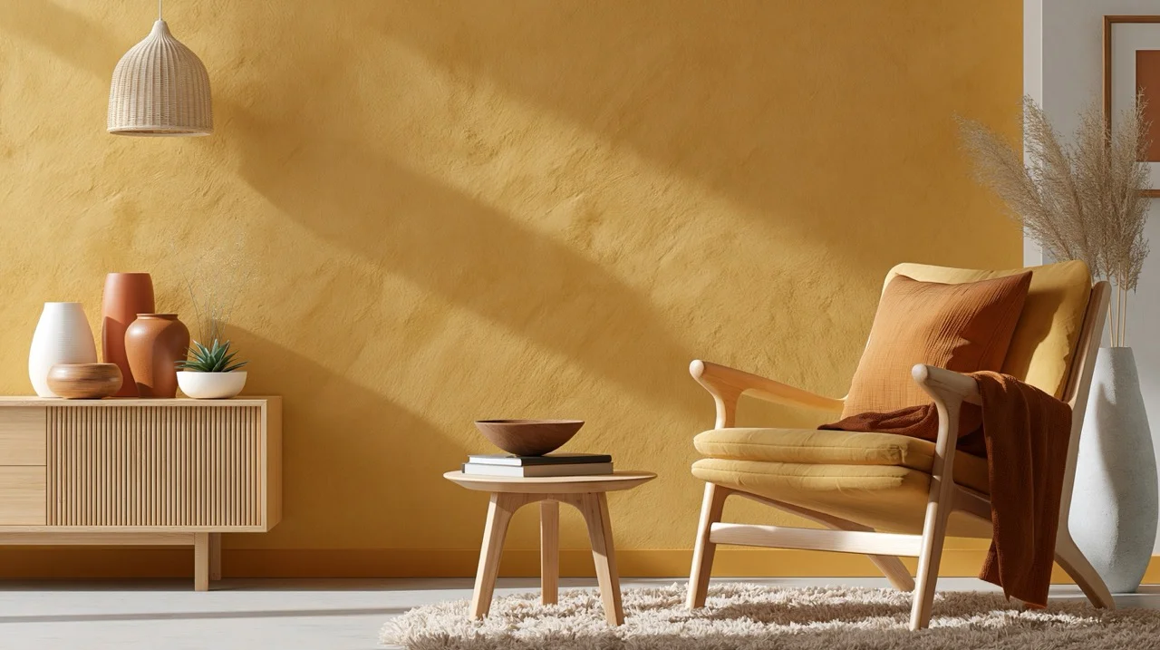 A textured plaster wall painted in warm yellow ochre catching soft afternoon sunlight.