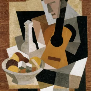 Prompt: Cubist aesthetic applied to a still life of a guitar and a bowl of fruit. The objects are fragmented into flat, interlocking geometric planes and faceted angles, showing multiple perspectives at once. The color palette is restricted to earthy tones of ochre, burnt sienna, and charcoal, emphasizing form over depth. --ar 4:3