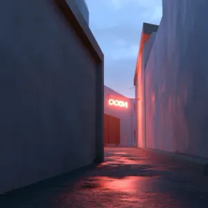 One-point perspective of a quiet, empty concrete alleyway at dusk. Smooth concrete walls on both sides converge toward a single glowing neon sign at the far end, casting a warm red reflection on the wet pavement. Clean, dramatic linear composition. --ar 16:9 --style raw